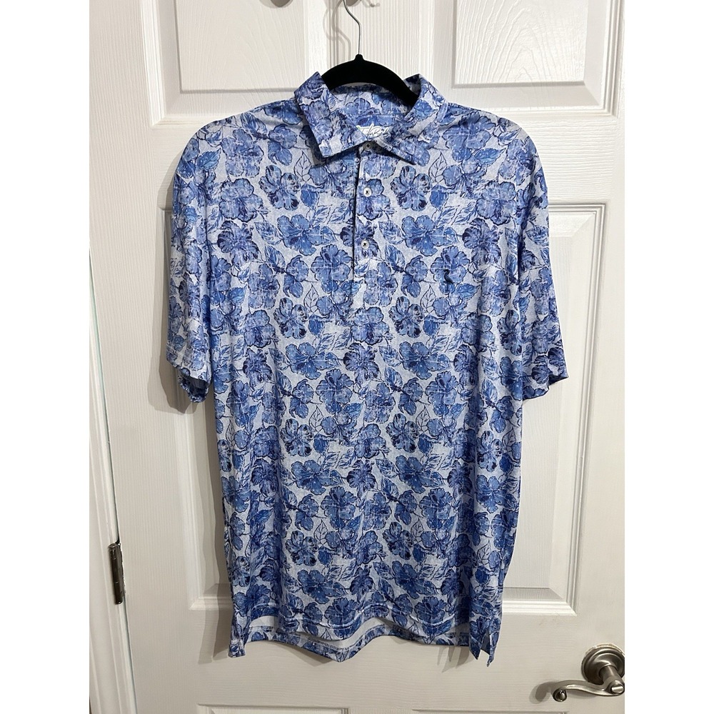 Taylor Byrd Mens Large Golf Shirt Polo Blue, White Floral Stretch Performance